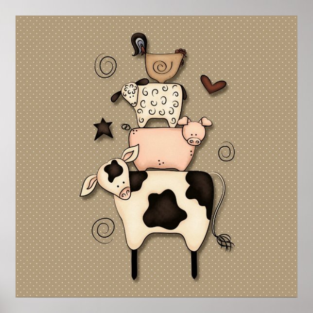 Primitive Landkuh, Schaf, Schwein und Roster-Dekor Poster (Vorne)