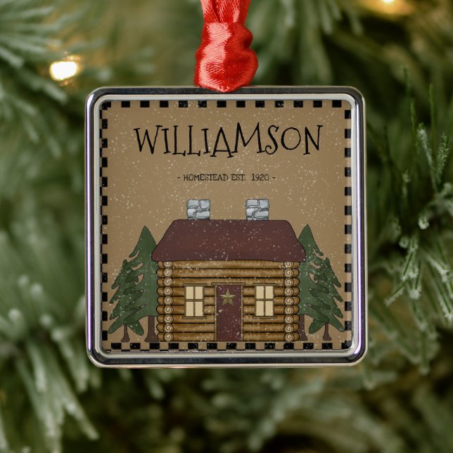 PRIMITIVE LOG CABIN FAMILIENNAME PERSONALISIERT ORNAMENT AUS METALL (Baum)