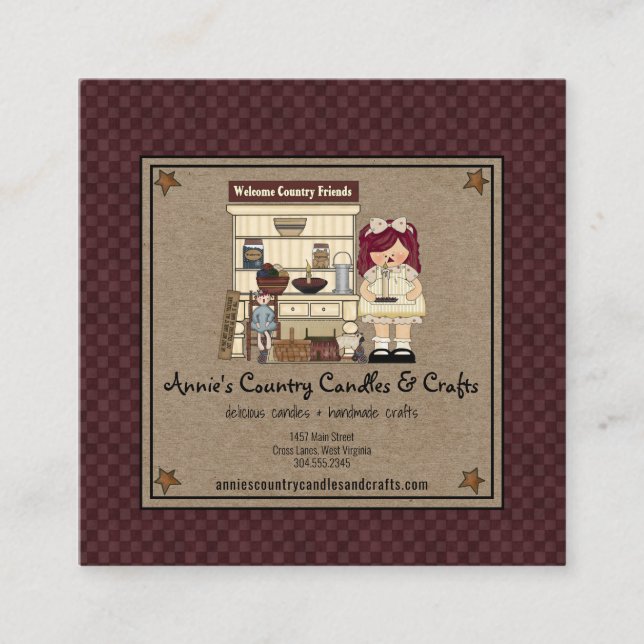 Primitive Rag Doll Rusty Stars Rustikale Kerze Kra Quadratische Visitenkarte (Vorderseite)