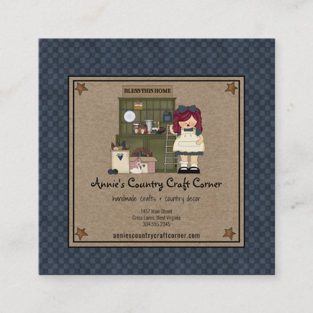 Primitive Rusty Stars Country Rag Doll Kraft Quadratische Visitenkarte (Vorderseite)