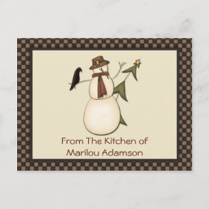 Primitive Schneemann und Krähe Rezeptkarten Postkarte