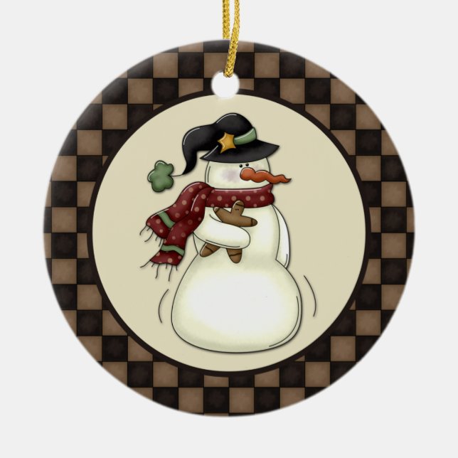 Primitive Snowman Gingerbread Man Keramik Ornament (Vorne)