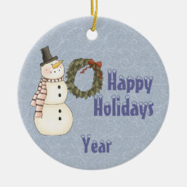 Primitive Style Snowman & House - Happy Holidays Keramikornament