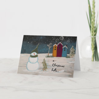 Primitive Volkskunst Snowman und bunte Häuser Feiertagskarte