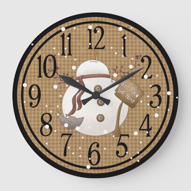 Primitiver Schneemann: Schneeplatz wie Zuhause Große Wanduhr (Vorderseite)