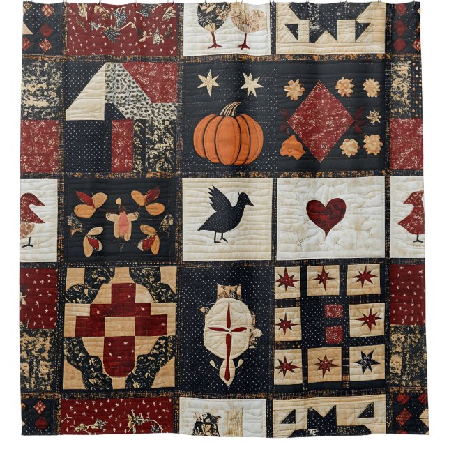 Primitives Bauernhaus Appliqué & Geometric Duschvorhang (Vorderseite)