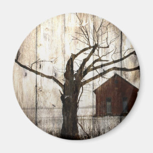 Primitives Land Holz Winterbaum Roter Stall Magnet