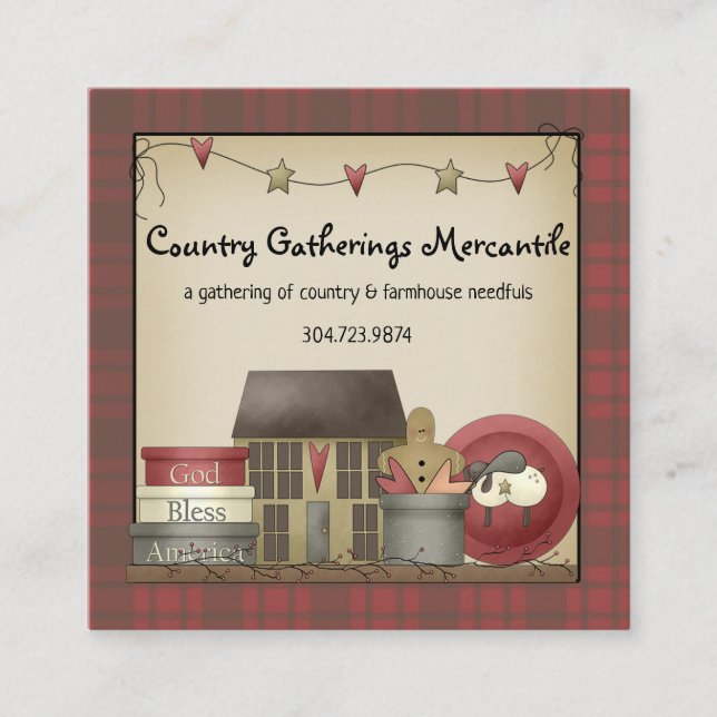 Primitives Land Kariert und Saltbox House Quadratische Visitenkarte (Vorderseite)