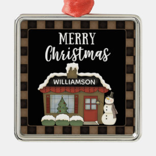 PRIMITIVES LAND MERRY CHRISTMAS HÜTTE NAME ORNAMENT AUS METALL