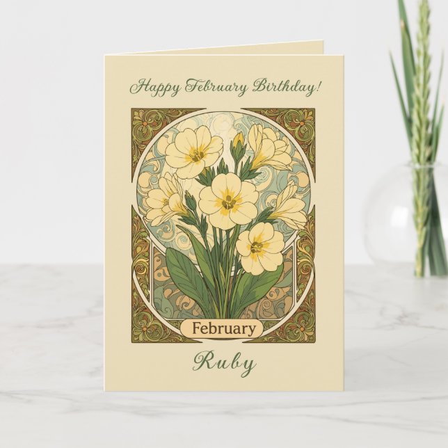 Primrose February Birthday Flowers Art Nouveau Sty Karte (Vorderseite)