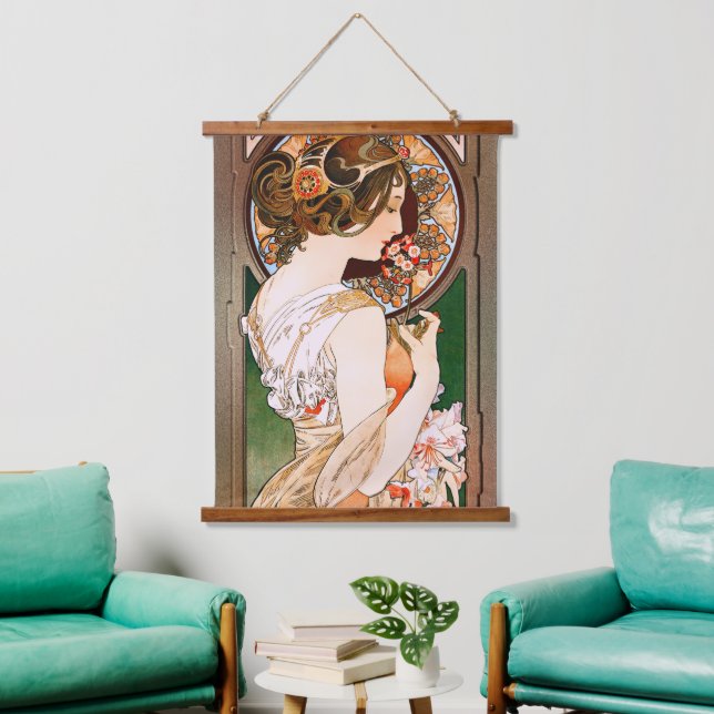 Primrose von Alphonse Mucha Wandteppich Mit Holzrahmen (Wohnzimmer)