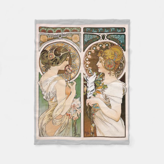 Primrosen und Feather, Mucha Fleecedecke (Vorderseite)