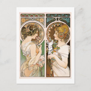 Primrosen und Feather, Mucha Postkarte