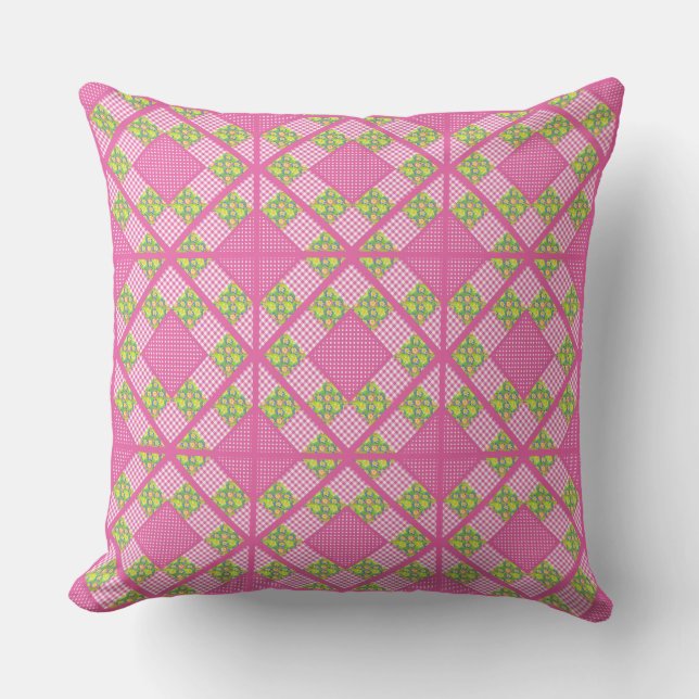 Primroses Floral, Pink, Polkas, Gingham Patchwork Kissen (Vorderseite)