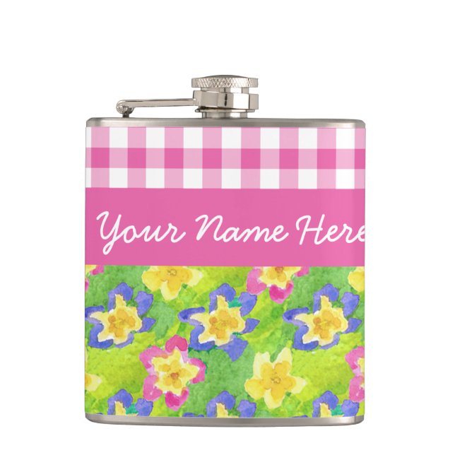 Primroses Hip Flask to Personalize: Pink Gingham Flachmann (Vorderseite)