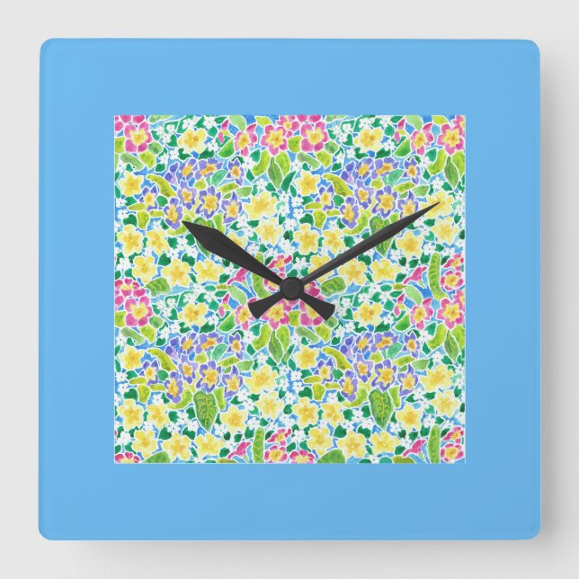 Primroses Square Wall Clock, türkisfarbene Grenze Quadratische Wanduhr (Vorderseite)
