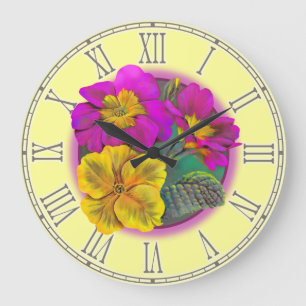 Primula yellow purple fine botanical wall clock große wanduhr