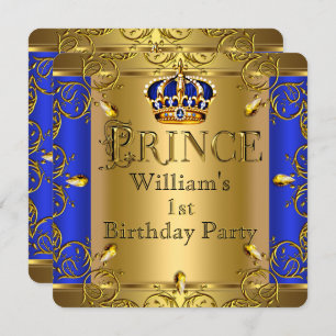 Prince 1. Geburtstag Boy Royal Blue Gold Crown Einladung