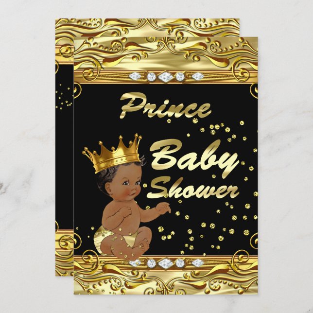 Prince Baby Dusche Black Gold Sprinkle Ethnic Einladung (Vorne/Hinten)