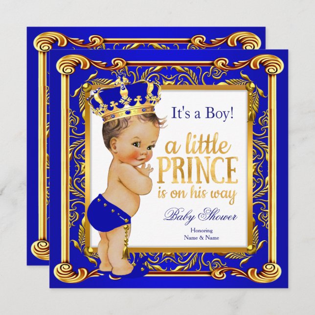 Prince Baby Dusche Damask Blue Gold Brünett Einladung (Vorne/Hinten)