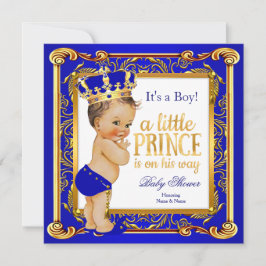 Prince Baby Dusche Damask Blue Gold Brünett Einladung