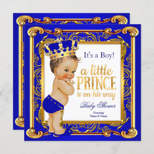 Prince Baby Dusche Damask Blue Gold Brünett Einladung