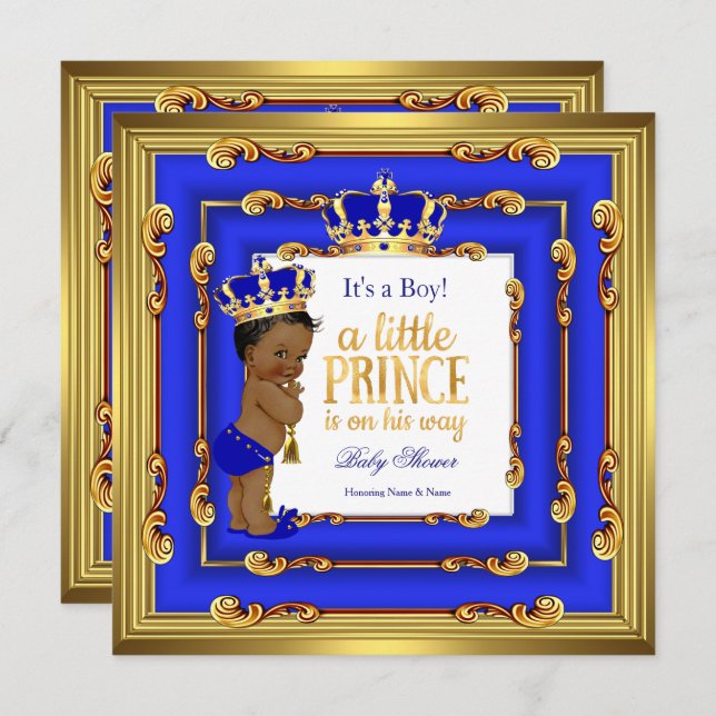 Prince Baby Duwer Royal Blue Gold Frame Ethnic Einladung (Vorne/Hinten)
