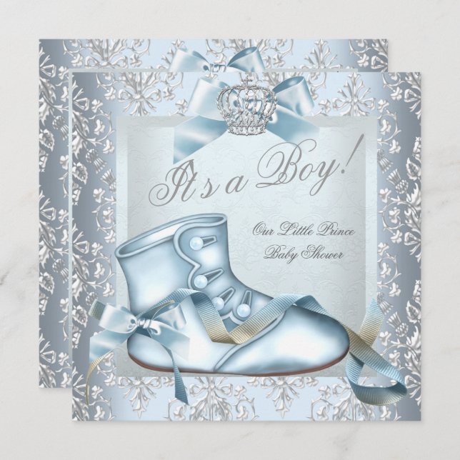 Prince Baby Shower Baby Boy Blue Damask Shoe 4E Einladung (Vorne/Hinten)