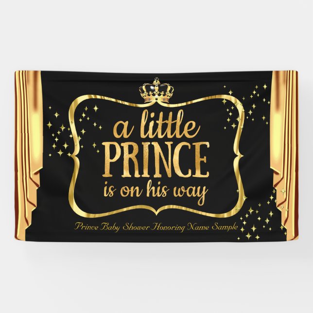 Prince Baby Shower Black Gold Crown Drapes Banner (Horizontal)