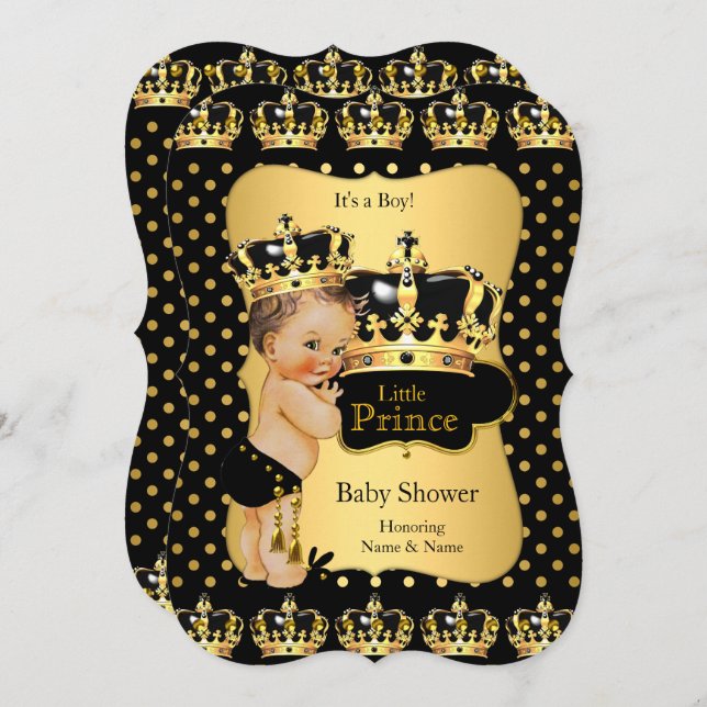 Prince Baby Shower Black Gold Polka Dot Brünett Einladung (Vorne/Hinten)
