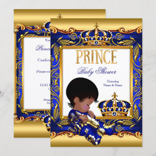 Prince Baby Shower Blue Gold African American Foil Einladung