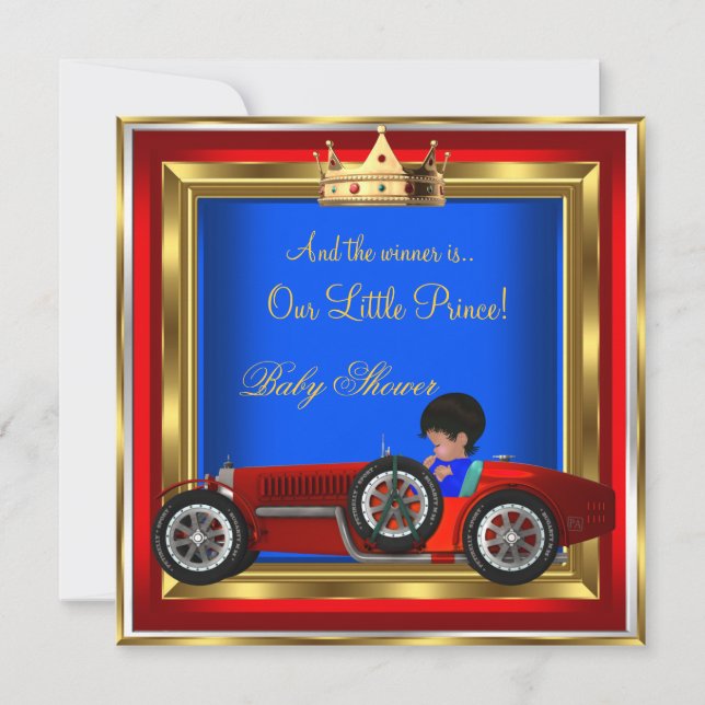 Prince Baby Shower Blue Gold Boy Red Racing Car 2 Einladung (Vorderseite)