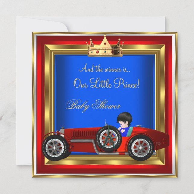 Prince Baby Shower Blue Gold Boy Red Racing Car 2 Einladung (Vorderseite)