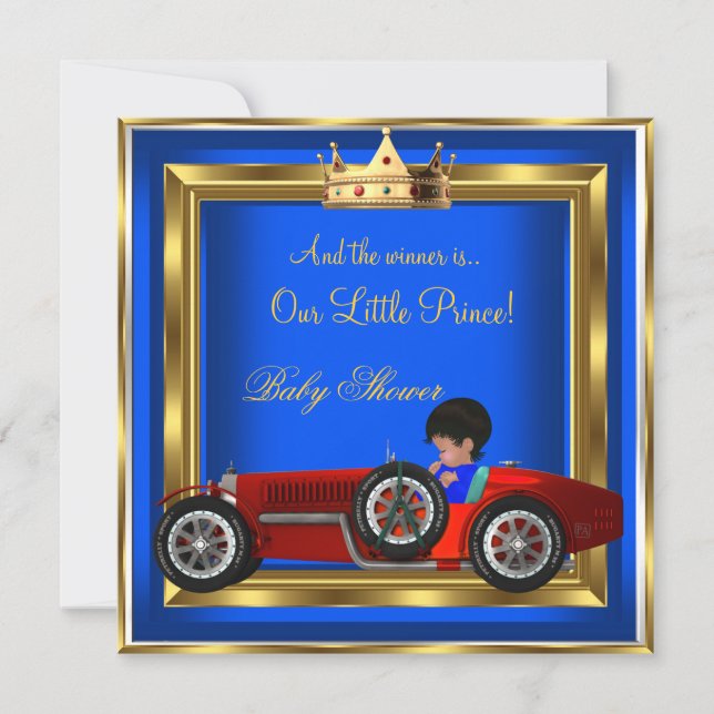 Prince Baby Shower Blue Gold Boy Red Racing Car Einladung (Vorderseite)