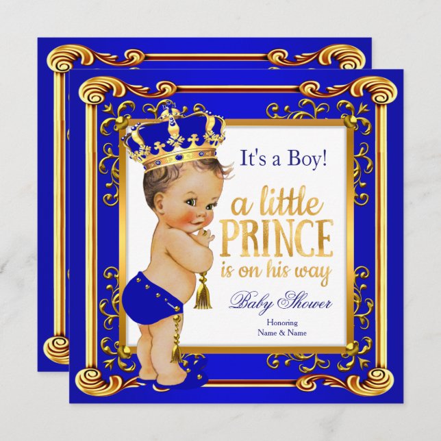 Prince Baby Shower Blue Gold Crown Brünett Boy Einladung (Vorne/Hinten)