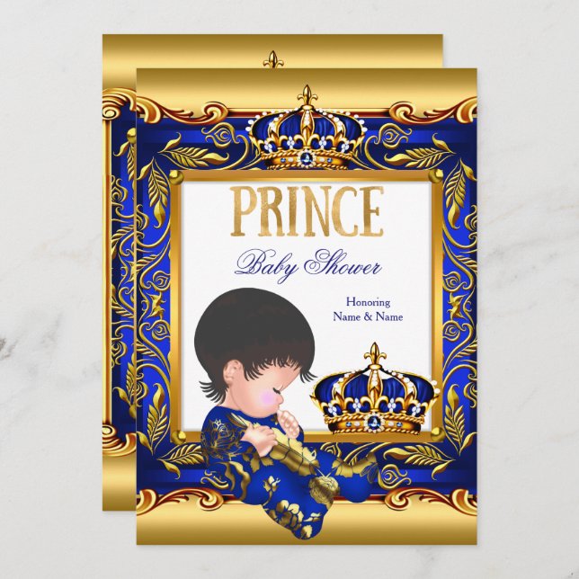 Prince Baby Shower Blue Gold Foil Boy Einladung (Vorne/Hinten)