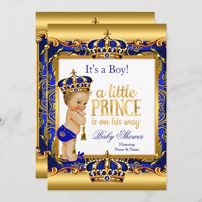 Prince Baby Shower Blue Verziert Gold Blonde Boy Einladung (Vorne/Hinten)