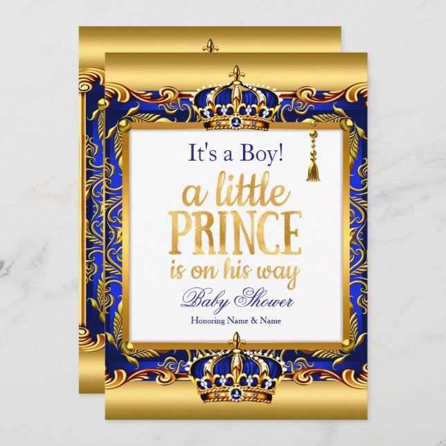 Prince Baby Shower Blue Verziert Gold Boy Einladung (Vorne/Hinten)