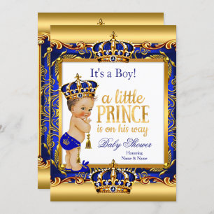 Prince Baby Shower Blue Verziert Gold Brünett Boy Einladung