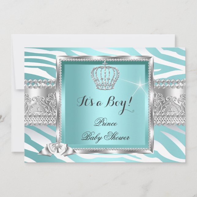 Prince Baby Shower Boy Aquamarin Blue Mint Zebra Einladung (Vorderseite)