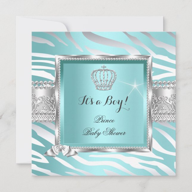 Prince Baby Shower Boy Aquamarin Blue Mint Zebra Einladung (Vorderseite)