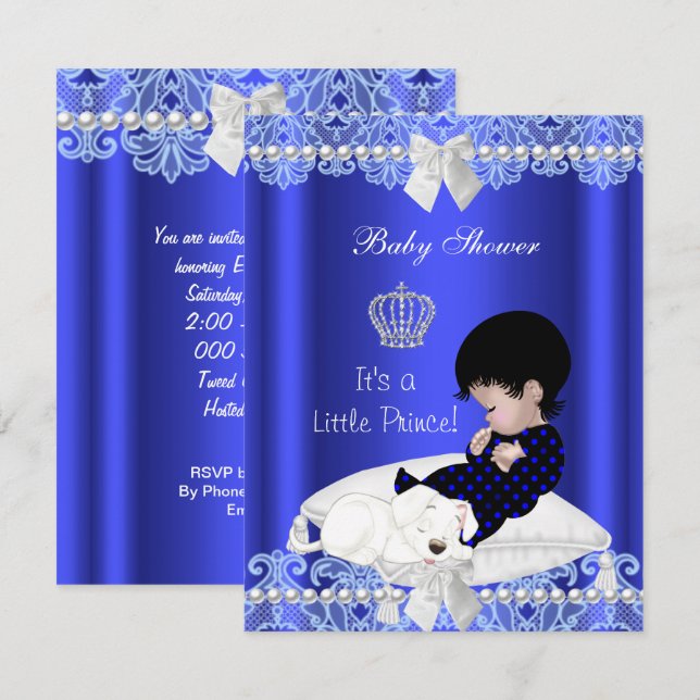 Prince Baby Shower Boy Blue Lace Puppy Einladung (Vorne/Hinten)