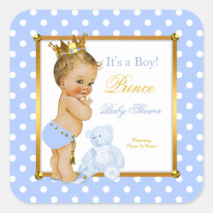 Prince Baby Shower Boy Blue Polka Dot Blonde Quadratischer Aufkleber