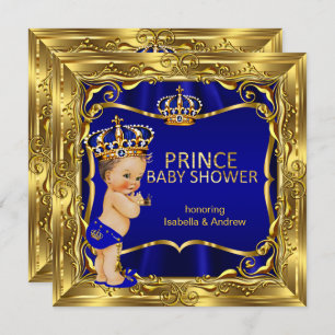 Prince Baby Shower Boy Blue Verziert Gold Einladung