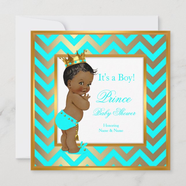 Prince Baby Shower Boy Gold Aquamarin Blue Ethnic Einladung (Vorderseite)