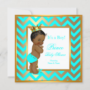 Prince Baby Shower Boy Gold Aquamarin Blue Ethnic Einladung