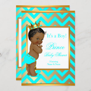 Prince Baby Shower Boy Gold Aquamarin Blue Ethnic Einladung
