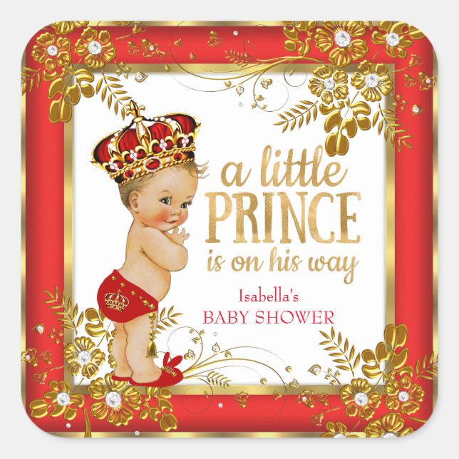 Prince Baby Shower Boy Red Gold White Blonde Quadratischer Aufkleber (Vorderseite)