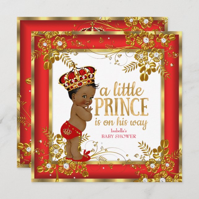 Prince Baby Shower Boy Red Gold White Ethnic Einladung (Vorne/Hinten)