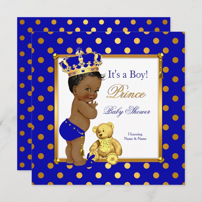 Prince Baby Shower Boy Royal Blue Gold Ethnic Einladung (Vorne/Hinten)